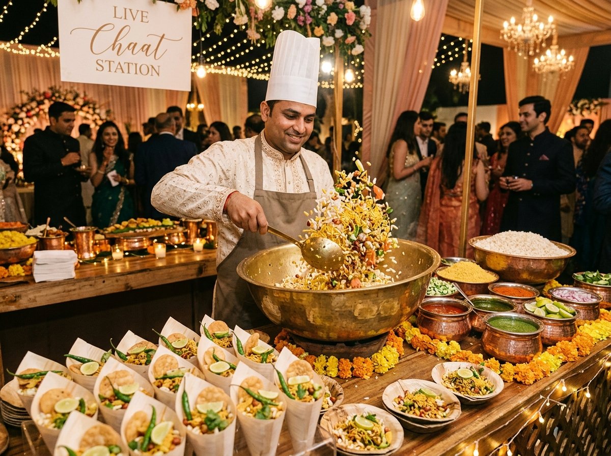 Chef tossing fresh Bhel Puri and Kolkata Jhalmuri in a giant brass handi with puffed rice, roasted peanuts, and chutneys.
