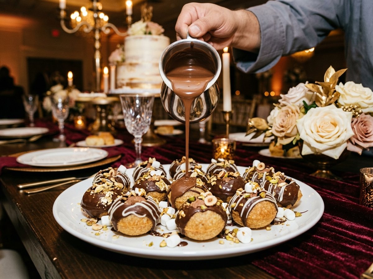 Decadent Chocolate Pani Puri Choco Dump loaded with chocolate mousse, roasted hazelnuts, almonds, and warm Belgian chocolate drizzle.