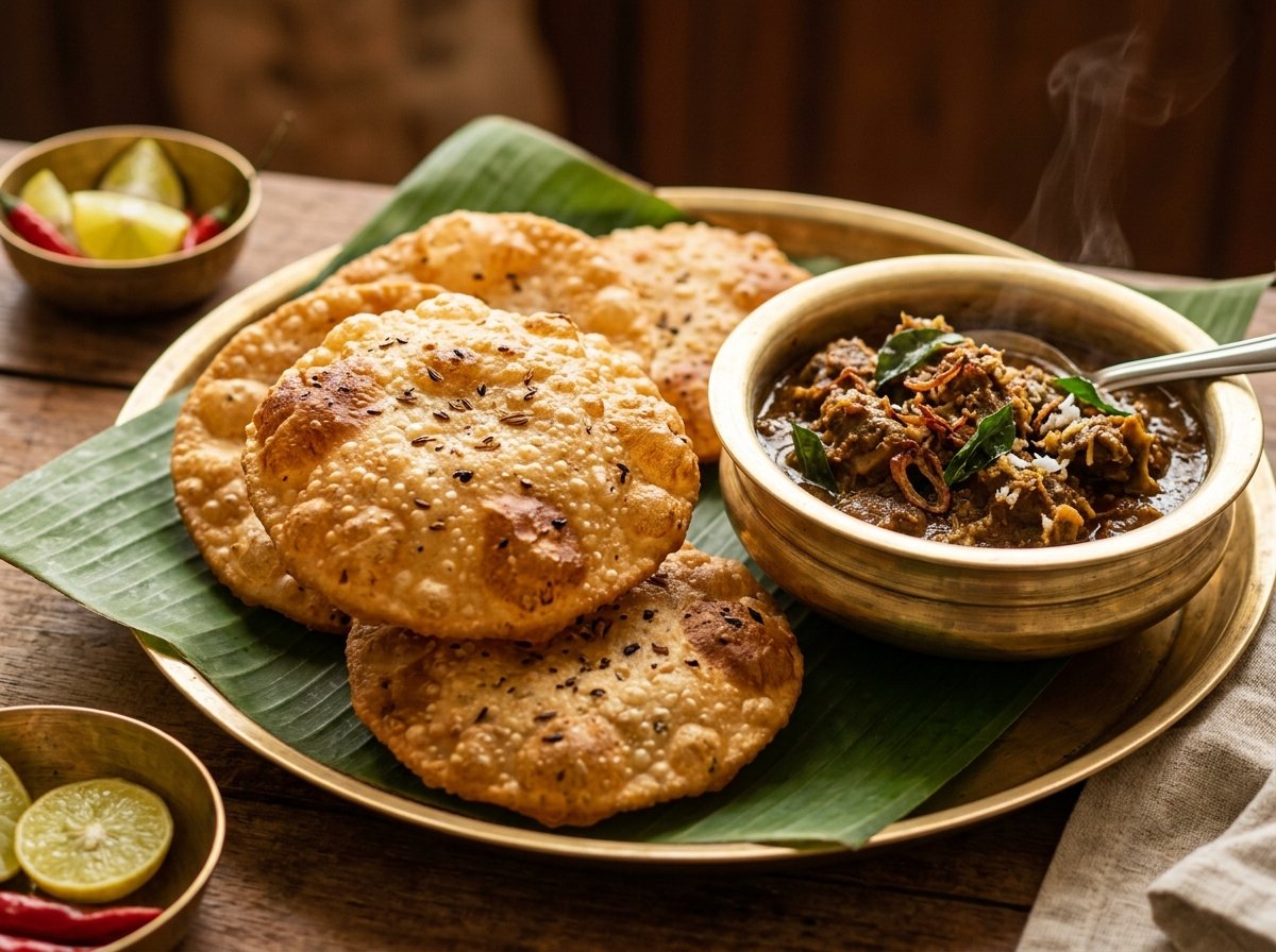 Authentic Malabar crisp ghee pathal (neypathal) fried golden brown with fennel seeds and shallots served with rich mutton curry.