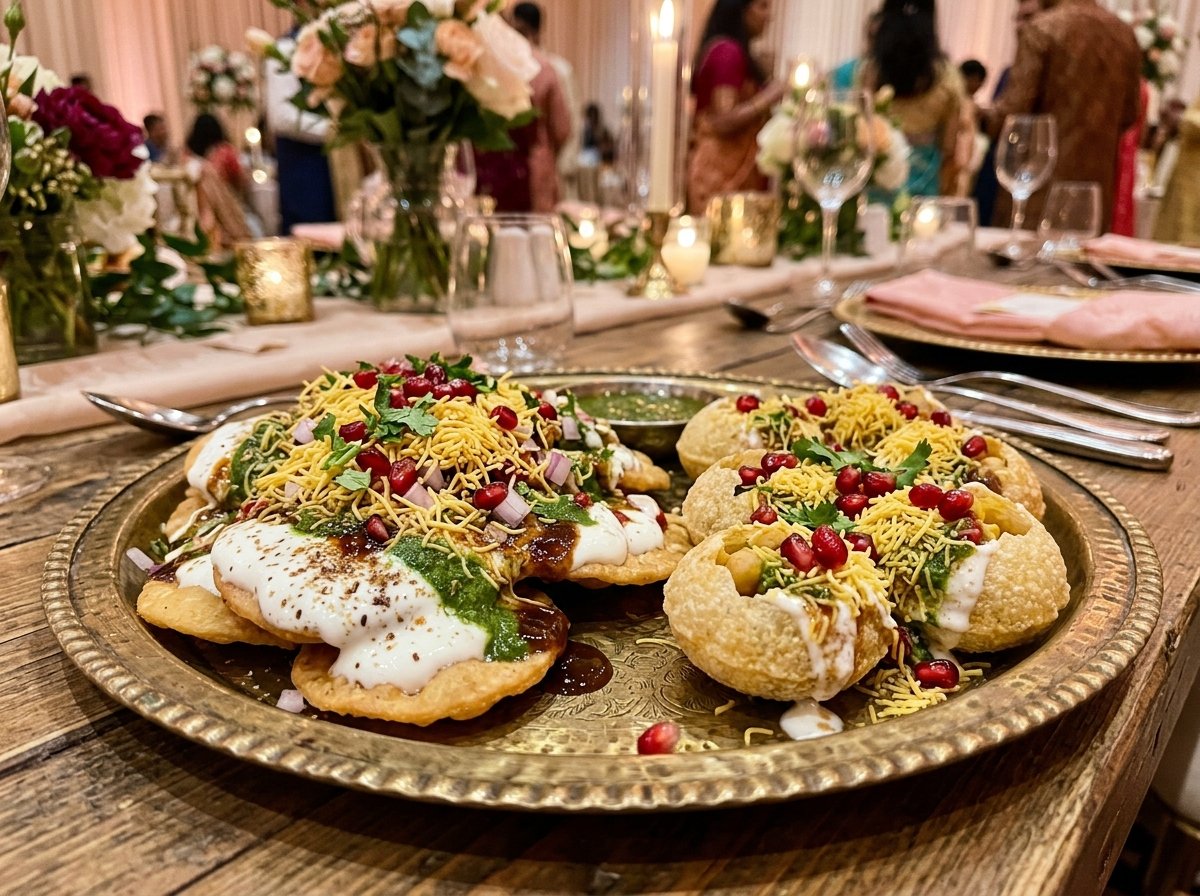 Royal Dahi Papdi Chaat loaded with sweet curd, mint chutney, tamarind sauce, nylon sev, and pomegranate seeds.