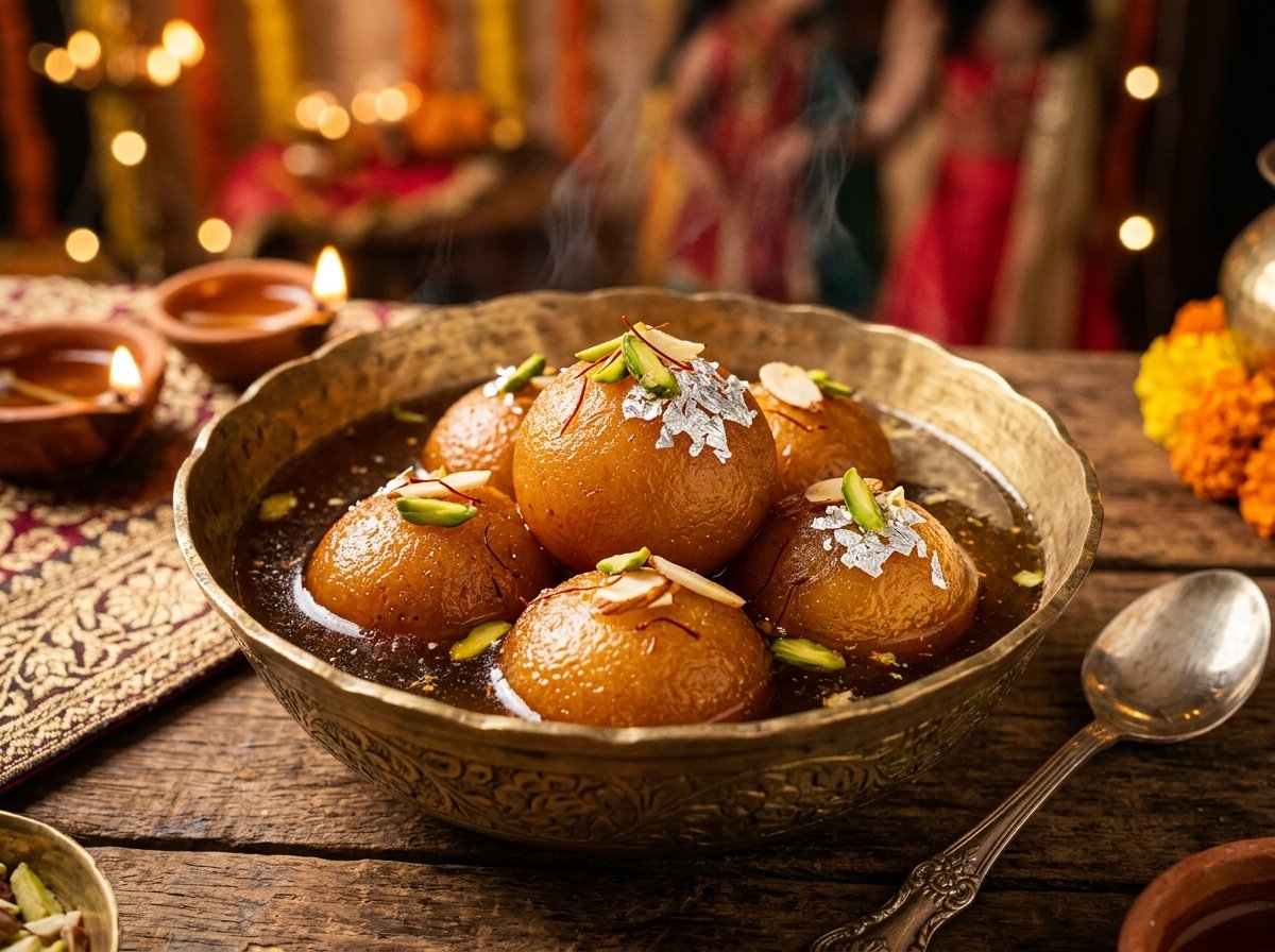 Succulent golden-brown Gulab Jamuns soaked in saffron and cardamom syrup in a brass bowl garnished with pistachios and silver vark.