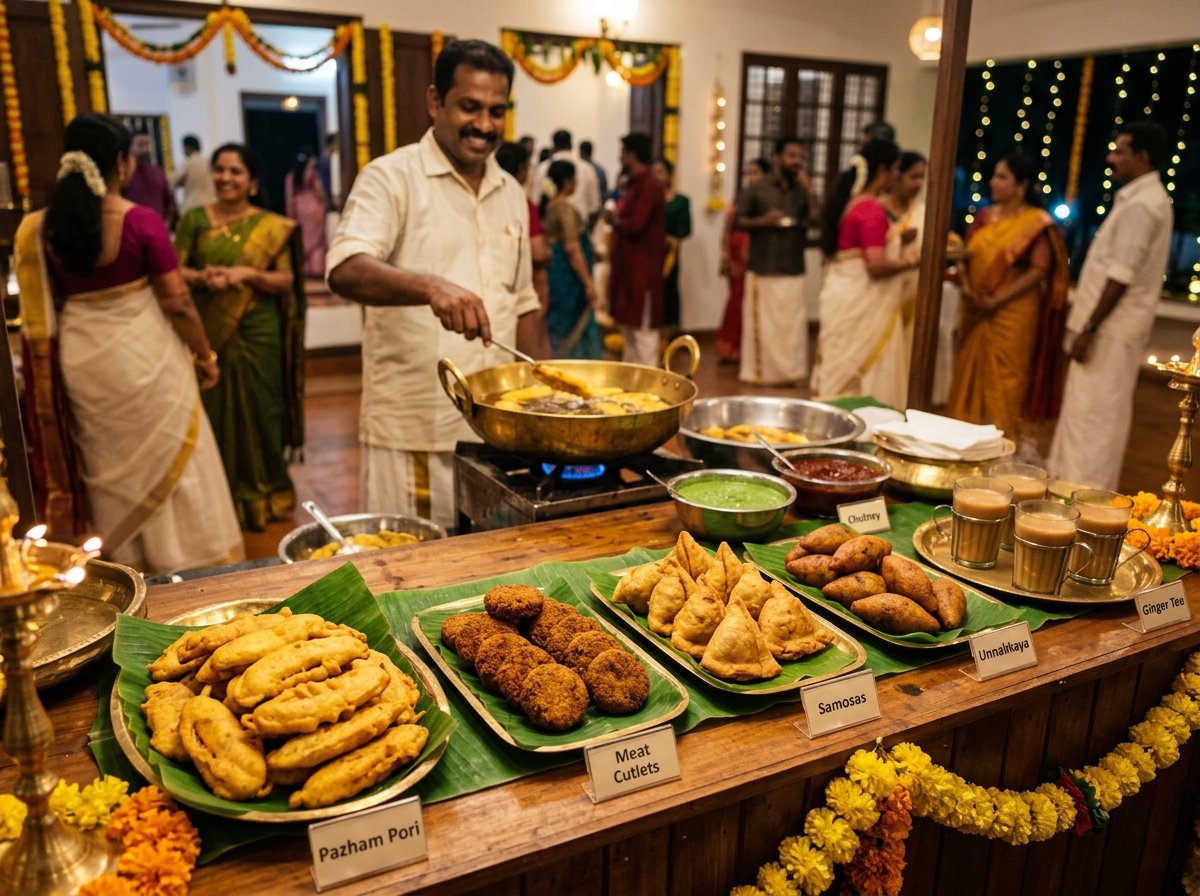 Live hot snacks frying counter with golden pazham pori, meat cutlets, samosas, and unnakkaya on banana leaf trays.