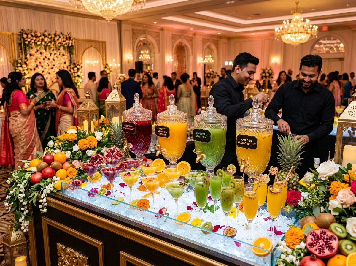 Vibrant live fresh fruit juice counter at luxury Indian wedding with crystal dispensers and ice displays.