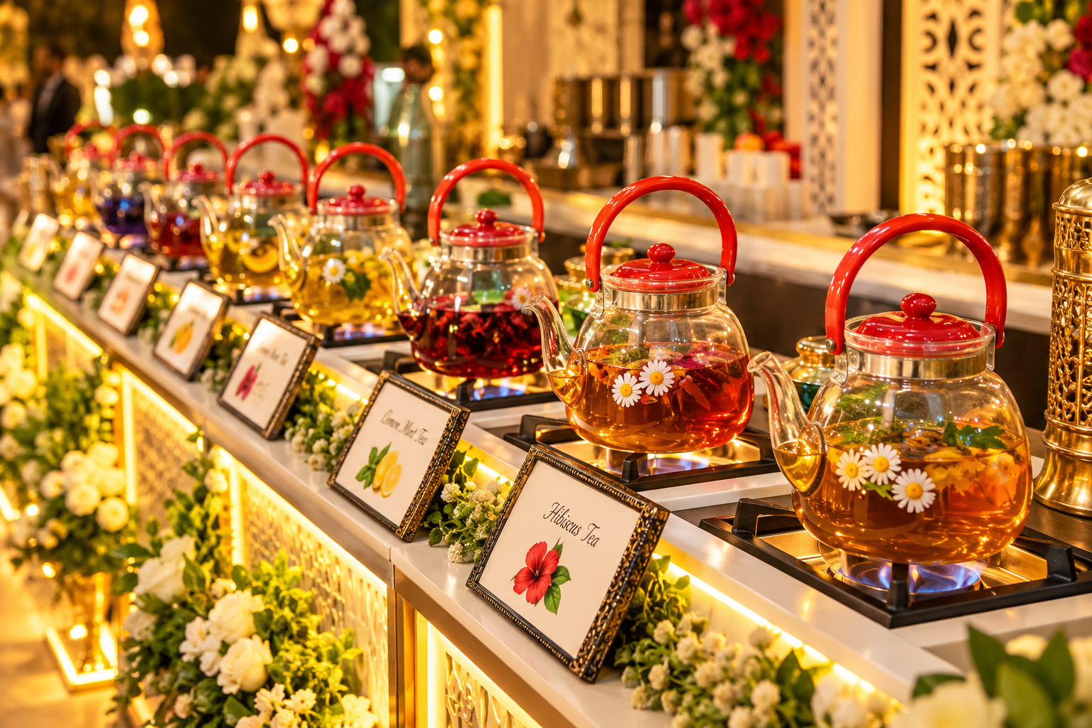 Artisanal gourmet live tea station with glass teapots, kulhads, saffron Kashmiri Kahwa, and whole aromatic spices.