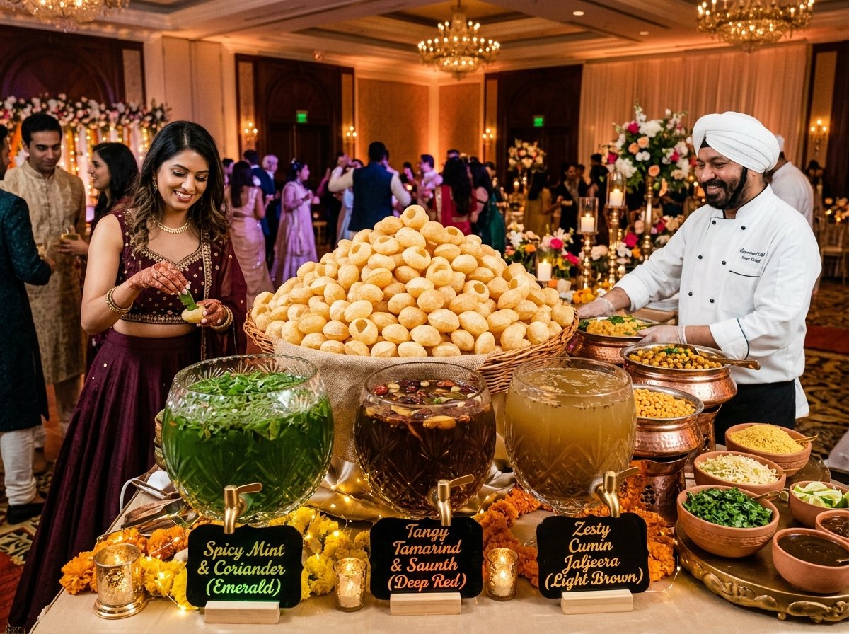 Interactive live Pani Puri and Golgappa bar with mountain of crisp puris and crystal dispensers of flavored waters.