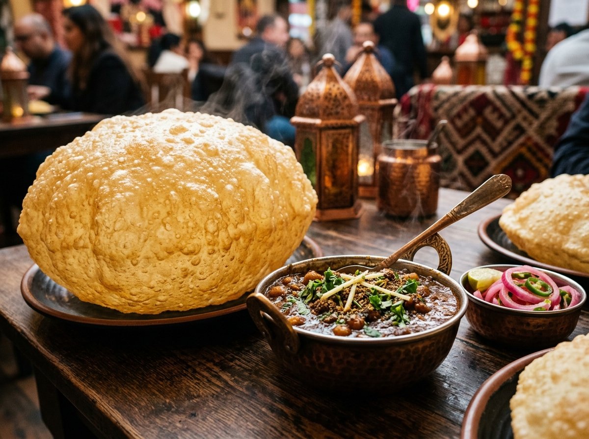 Giant golden puffed Punjabi bhatura freshly fried, served with dark spiced Amritsari chole, pickled onions, and lime.