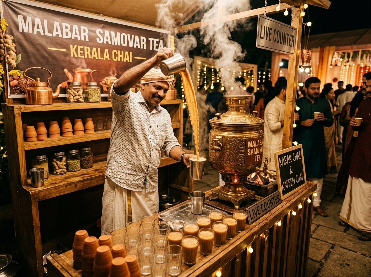Traditional Kerala Malabar Samovar tea live counter with antique brass urn and frothy karak chai poured between glasses.